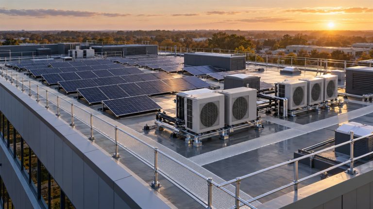 Commercial building with solar panels and heat pumps