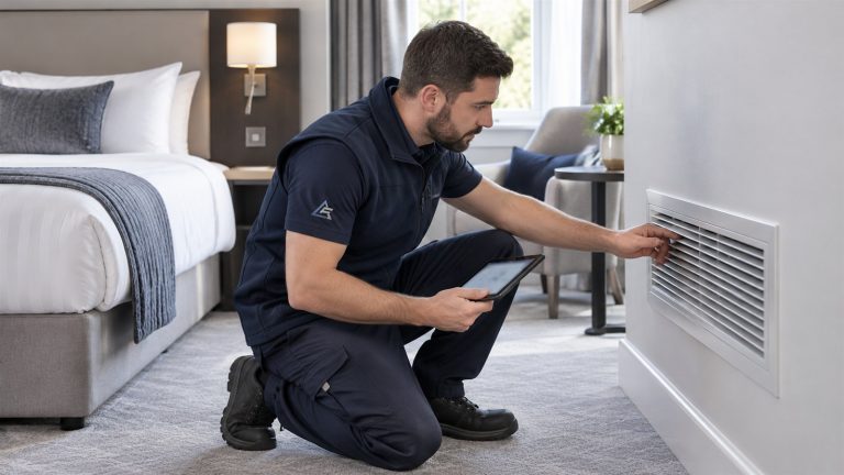 Engineer checking a fan coil grille in a hotel bedroom