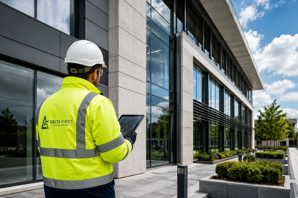 Delta First building fabric engineer carrying out a planned inspection of a modern commercial office building façade.
