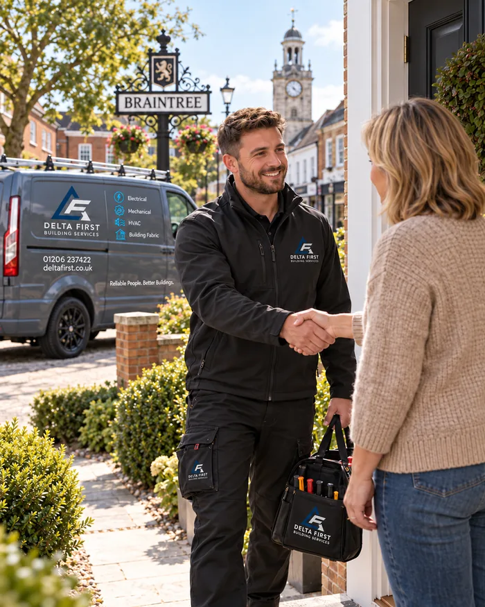Delta First engineer greeting a homeowner in Braintree town centre