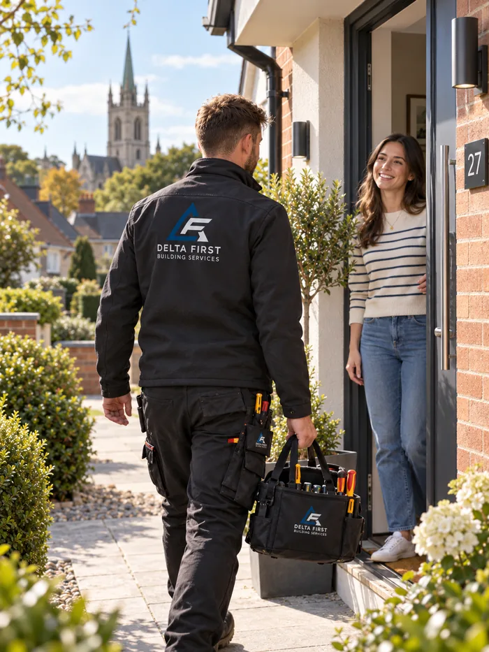 Delta First engineer greeting a homeowner in Chelmsford, the cathedral visible behind