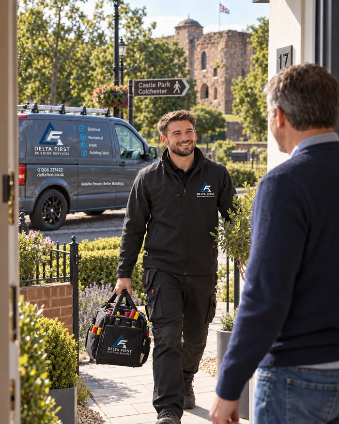 Delta First engineer arriving at a home in Colchester, Castle Park visible behind