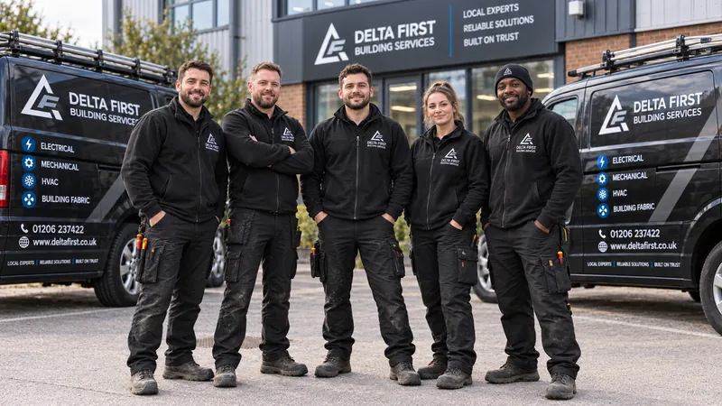 The Delta First Building Services engineering team with liveried vans outside a commercial site in Colchester