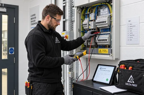 Delta First engineer carrying out EICR testing with a multifunction tester