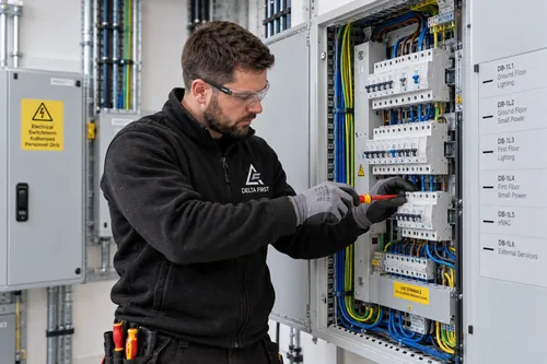 Delta First electrician working in a commercial distribution board, Essex