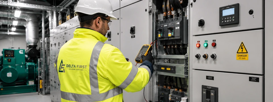 Delta First electrical engineer inspecting commercial switchgear in a plant room