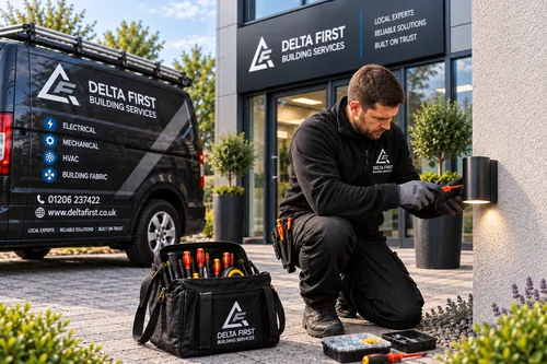 Delta First engineer arriving at a commercial site in Colchester with liveried van