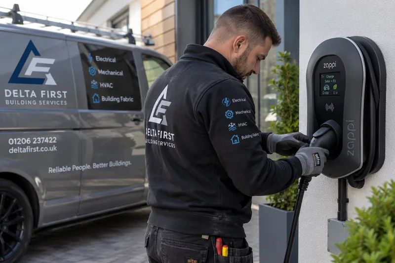 Delta First electrician installing a Zappi EV charger at a home in Essex