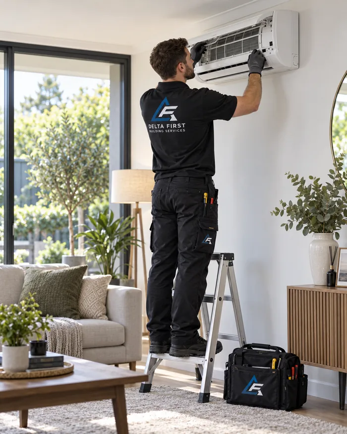 Delta First engineer installing a home air conditioning unit
