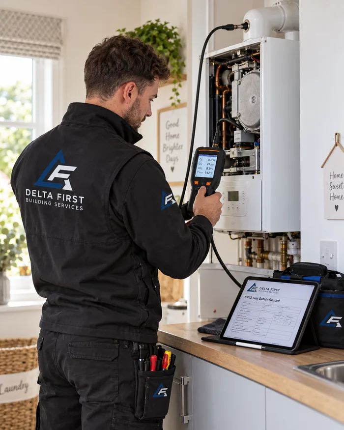 Delta First engineer servicing a home boiler and checking gas safety