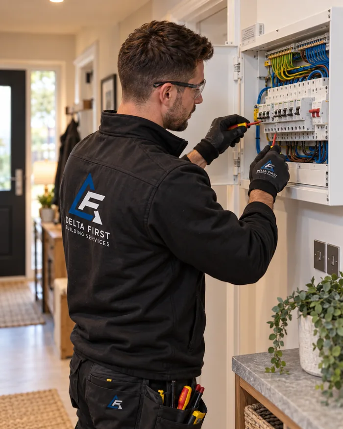 Delta First electrician working on a domestic consumer unit