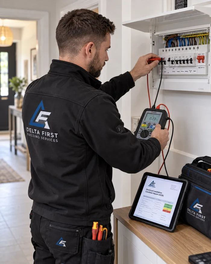 Delta First engineer carrying out an EICR electrical safety test at home