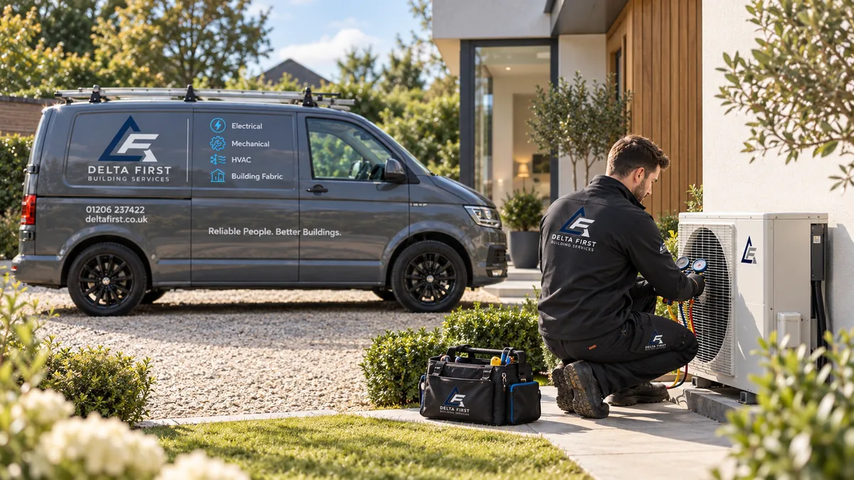 Delta First engineer servicing a domestic air conditioning unit at a home in Essex