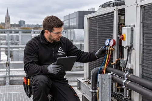 Delta First engineer servicing rooftop HVAC condenser units