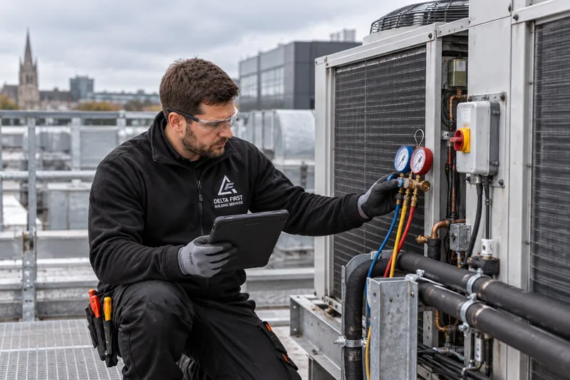 Delta First engineer maintaining rooftop HVAC plant on a commercial building