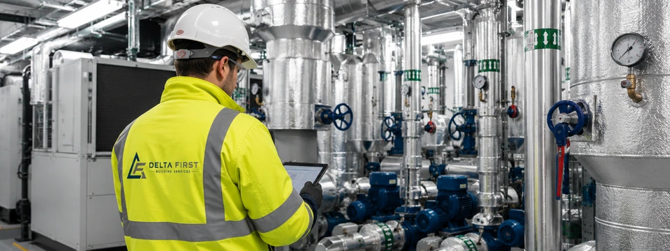 Delta First mechanical engineer carrying out planned maintenance in a modern commercial HVAC plant room.
