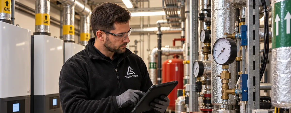 Delta First engineer inspecting a commercial boiler plant room with tablet