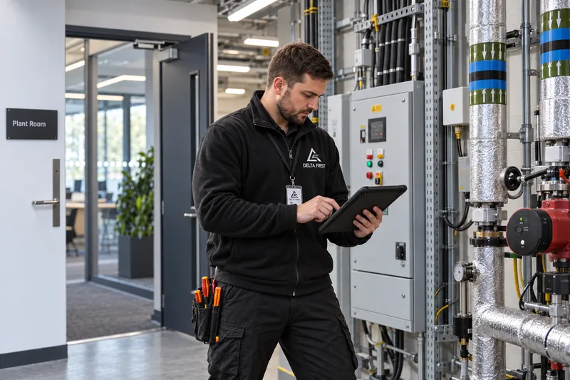 Delta First engineer checking a distribution board in an office plant room
