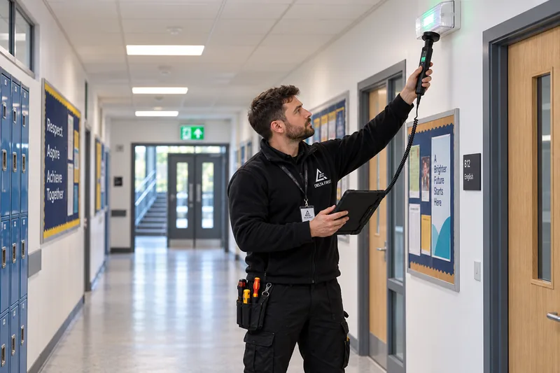 Delta First engineer carrying out electrical work in a school building, Essex