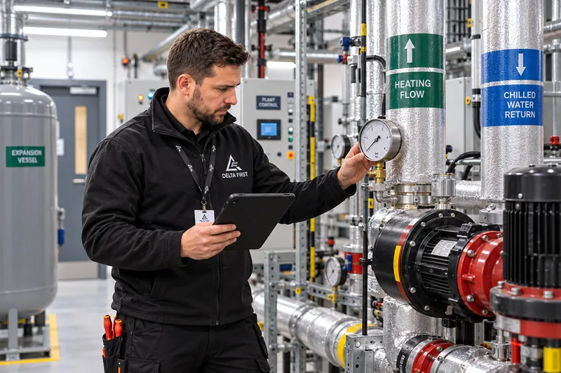 Delta First engineer working in a healthcare facility plant room, Essex