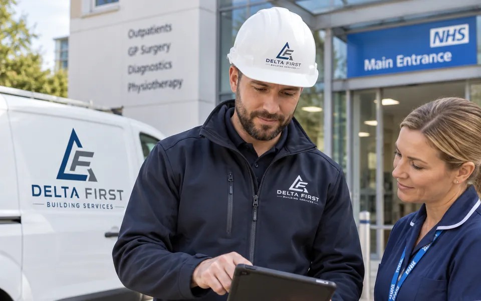 Delta First engineer reviewing works with a nurse at an NHS main entrance