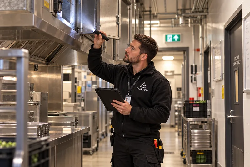 Delta First engineer carrying out building services work in a hotel, Essex