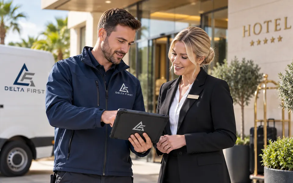 Delta First engineer meeting a hotel manager at a hotel entrance