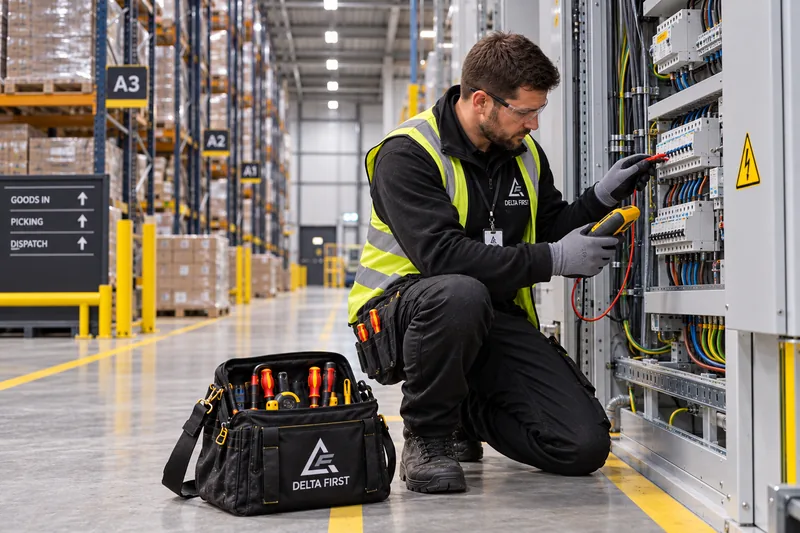 Delta First engineer working in a warehouse distribution centre, Essex