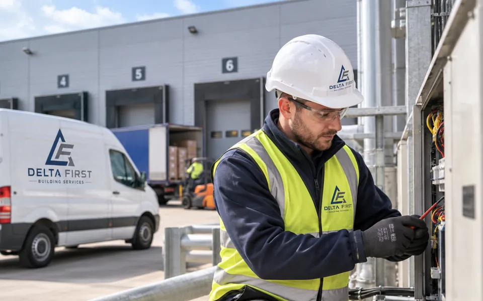 Delta First engineer working on electrical equipment at a distribution centre