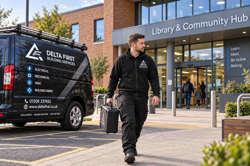 Delta First engineer carrying out maintenance at a council building, Essex