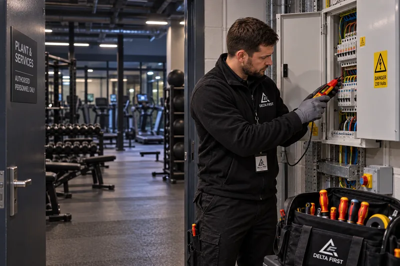 Delta First engineer carrying out electrical work in a retail unit, Essex