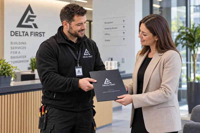 Delta First engineer handing over a compliance certificate to a client