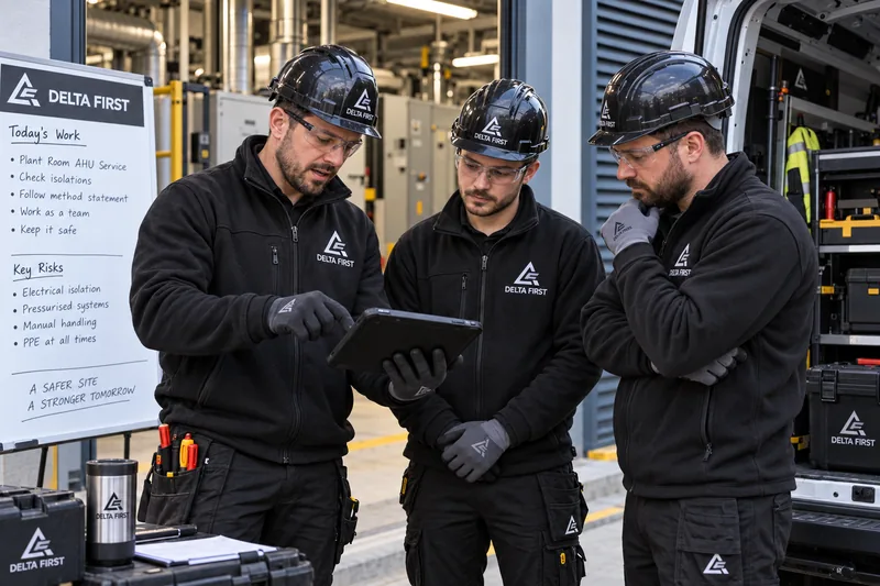 Delta First engineers holding a toolbox talk on site