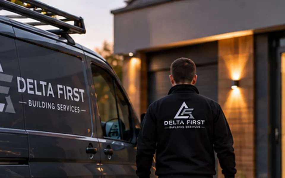 Delta First engineer arriving at a property from a branded van