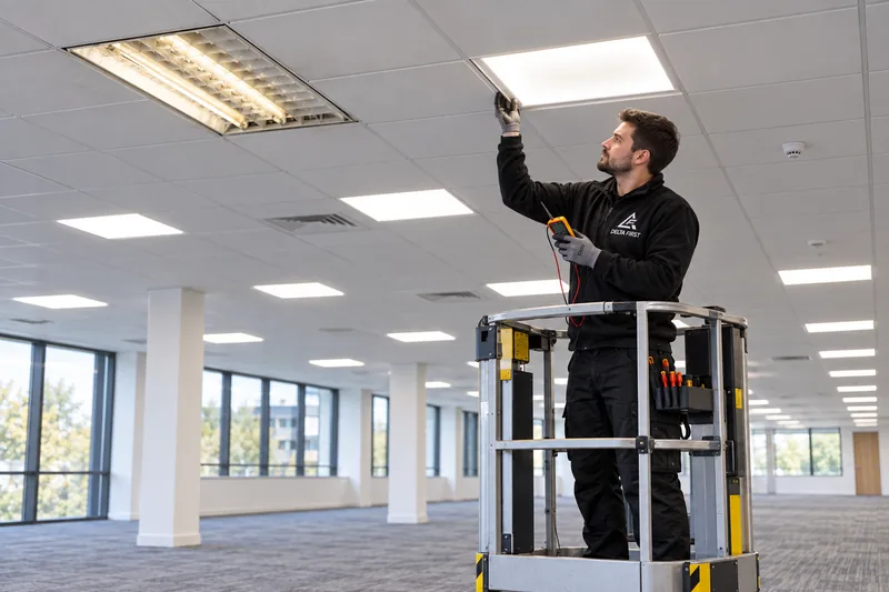 Delta First engineer carrying out an LED lighting retrofit