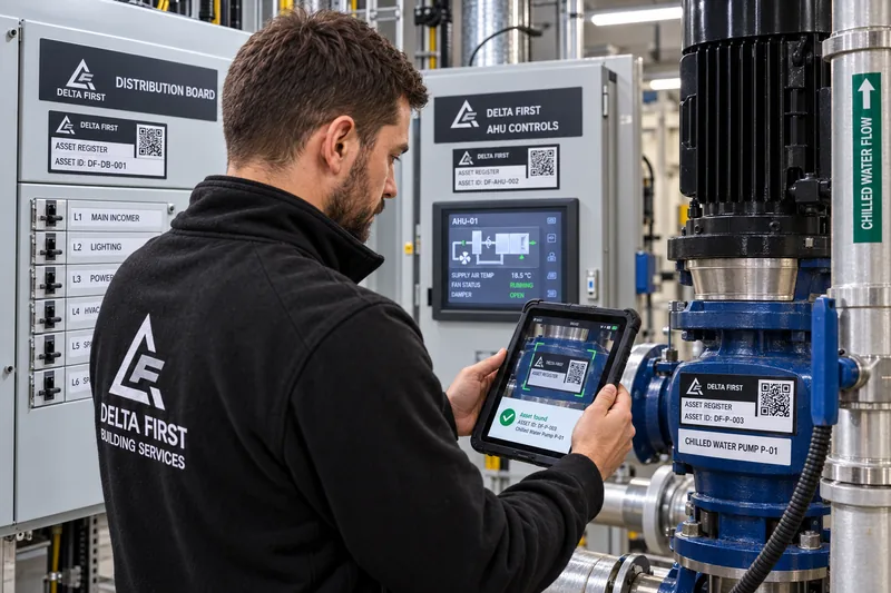 Delta First asset register with tagged building services equipment