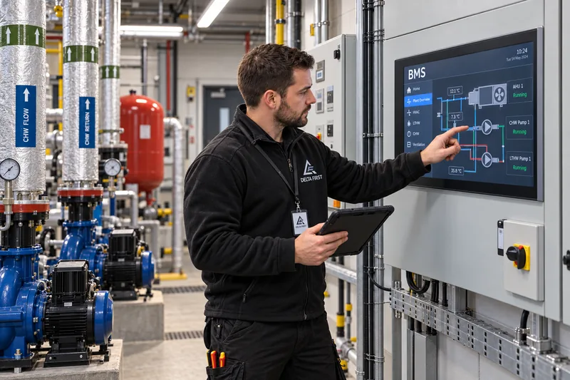 Delta First engineer monitoring a building management system