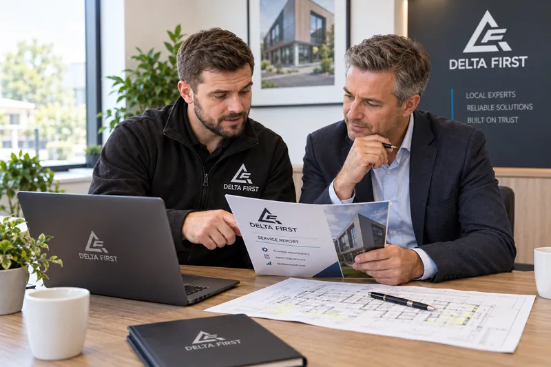 Delta First engineer reviewing a compliance report with a client