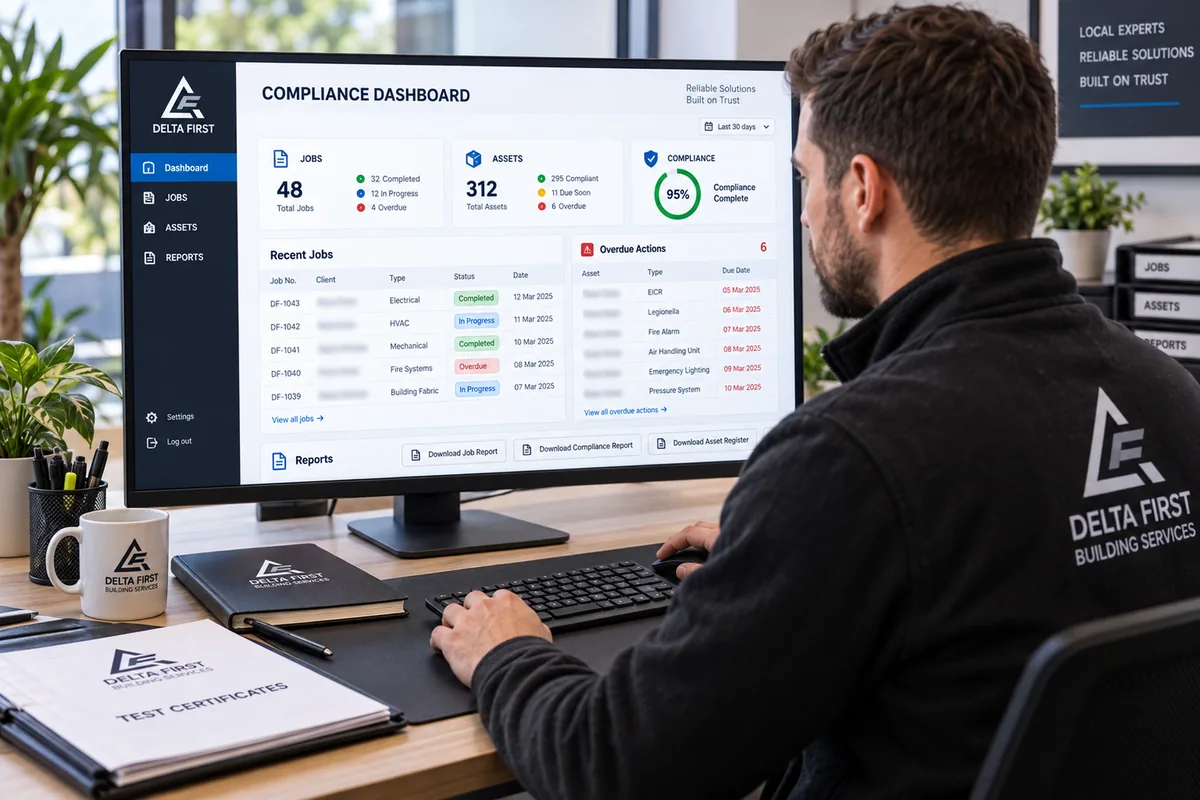 Delta First engineer reviewing building management system reporting, Essex